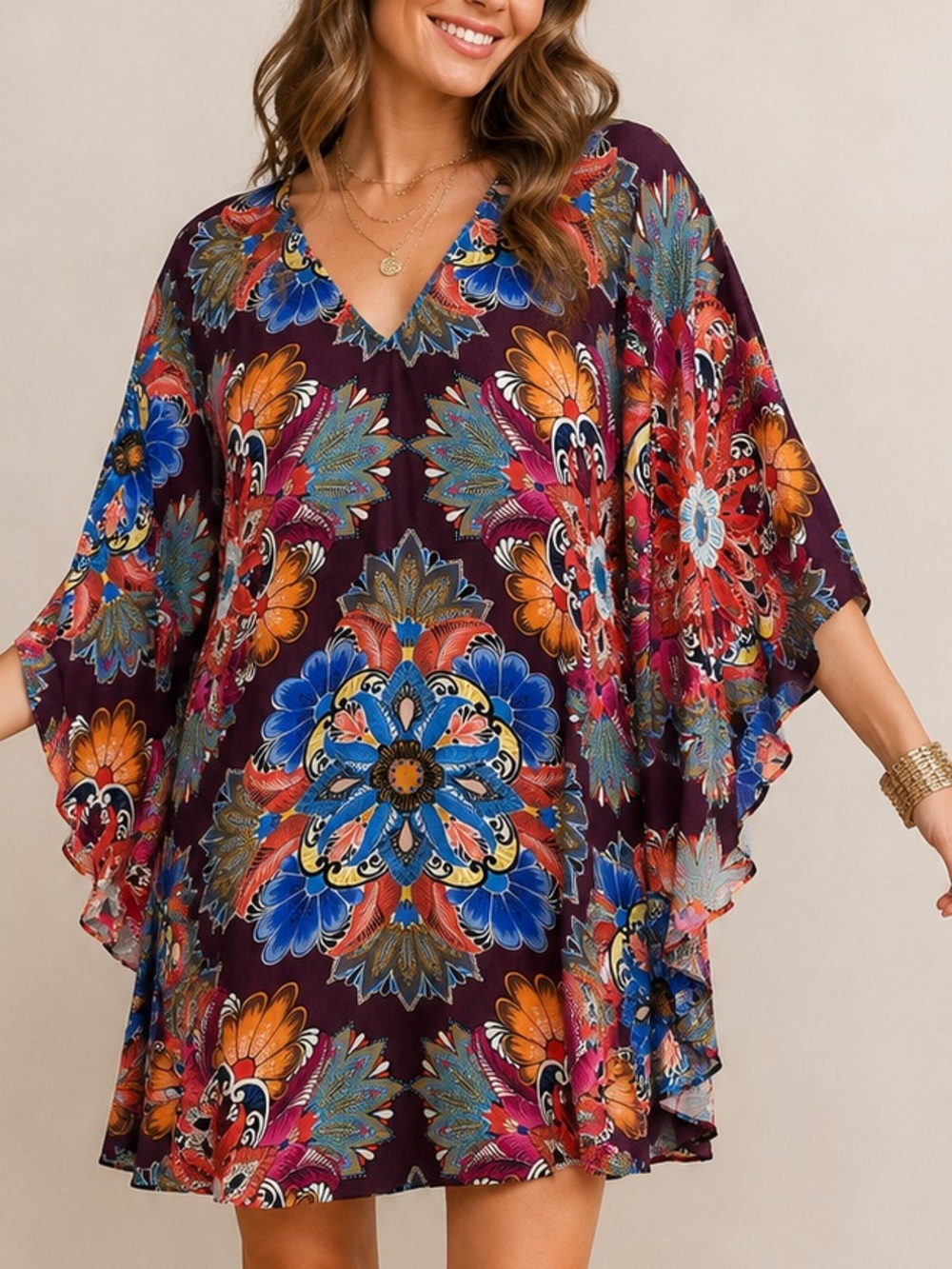 Uncle Frank Floral Kimono Sleeve Dress Large Boho Purple Multicolor Rayon